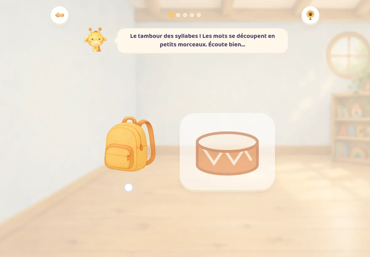 Le tambour des syllabes de Girafoufou : un sac à dos, et un coup de tambour par syllabe