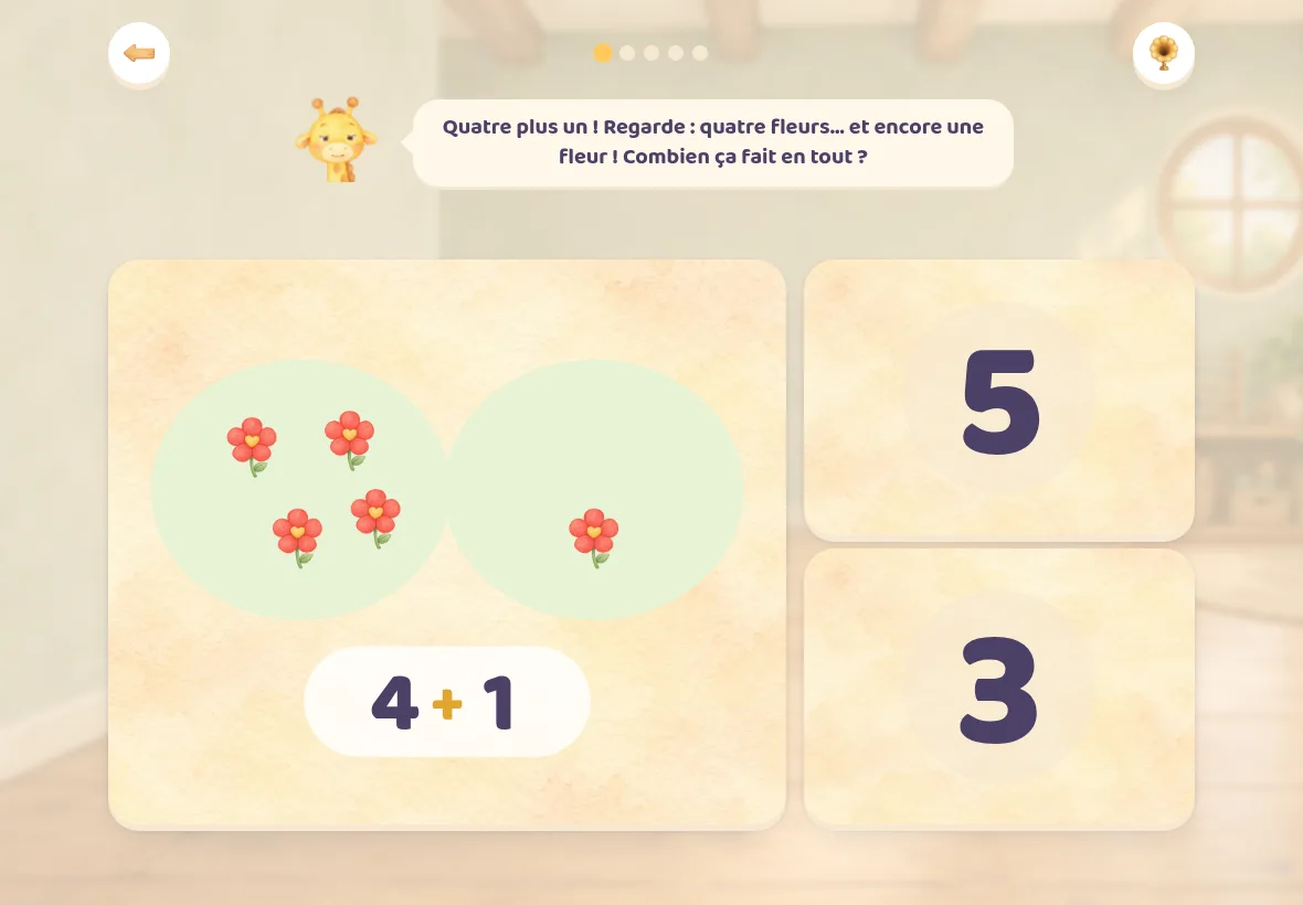 Le signe plus dans Girafoufou : quatre fleurs et encore une, écrites « 4 + 1 »