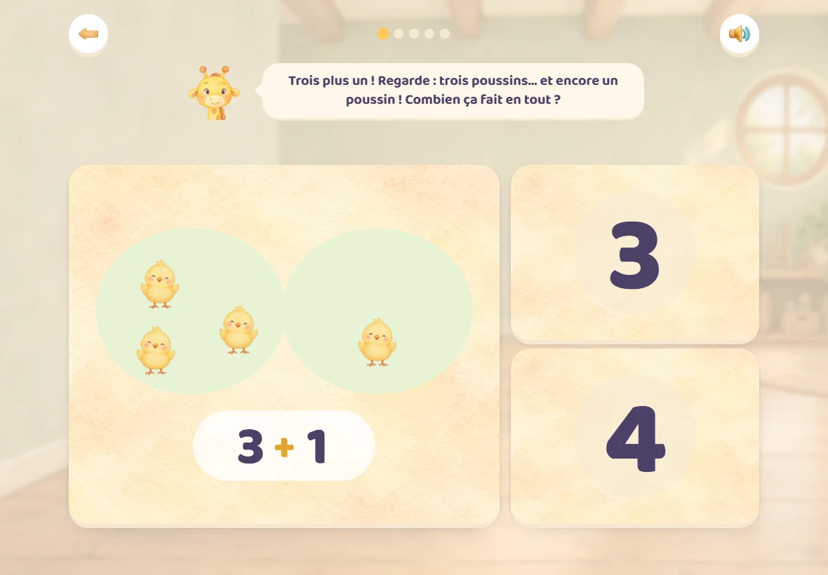 Le signe plus dans Girafoufou : trois poussins et encore un poussin, l’écriture « 3 + 1 » dessous, et deux chiffres à choisir, 3 et 4