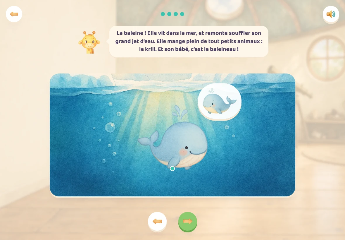 La balade de la banquise dans le jeu : la baleine sous la mer, son baleineau dans une bulle, et Girafoufou qui raconte où elle vit et ce qu’elle mange