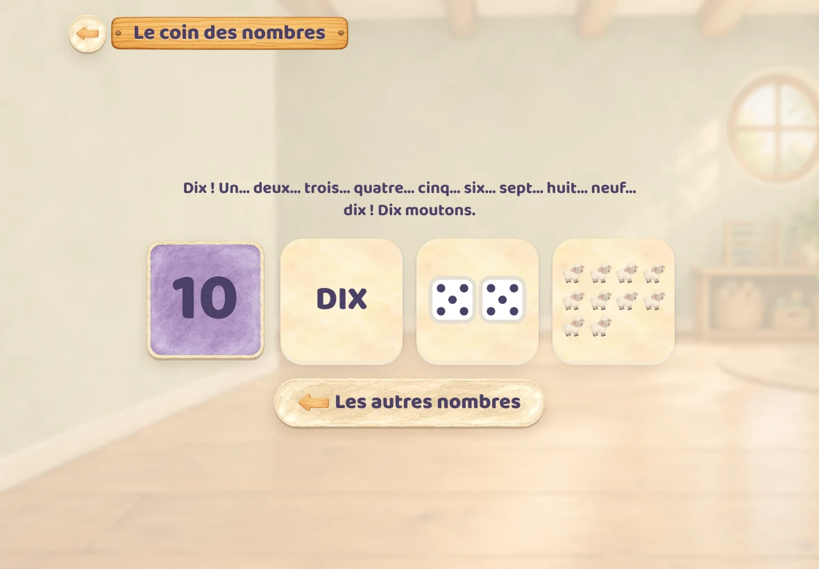 Le coin des nombres de Girafoufou : le nombre dix écrit en chiffre et en lettres (DIX), deux dés de cinq points et dix moutons à compter, sous la phrase de Girafoufou qui compte jusqu’à dix
