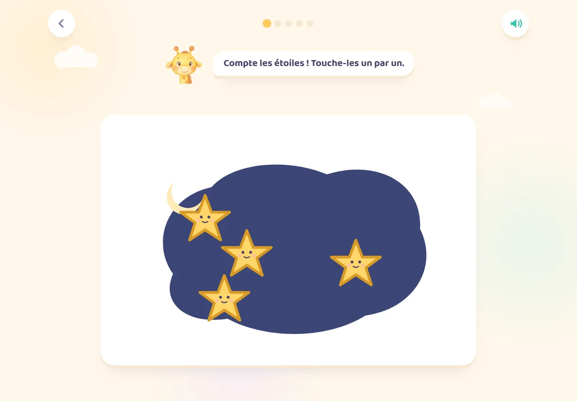 Capture du jeu Girafoufou : quatre étoiles à compter en les touchant une par une