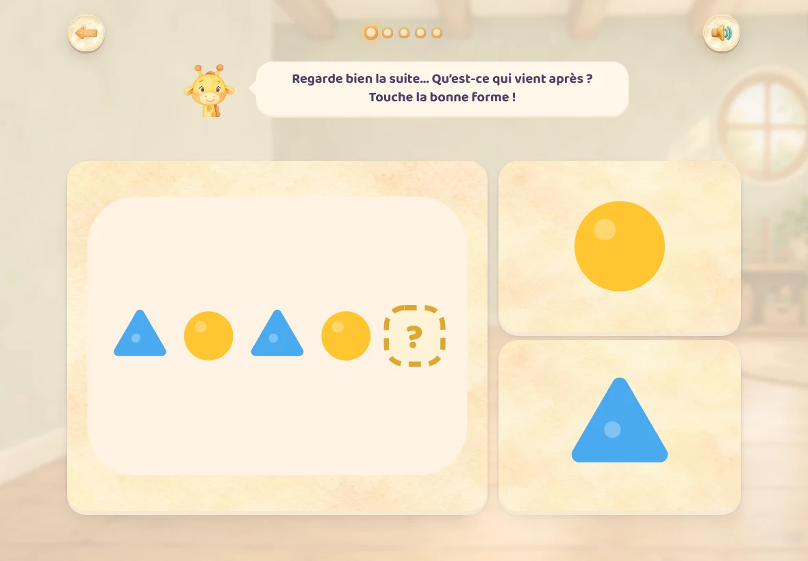 Une suite de formes dans Girafoufou : triangle bleu, rond jaune, triangle bleu, rond jaune et une case vide, et deux formes à choisir, un rond jaune et un triangle bleu