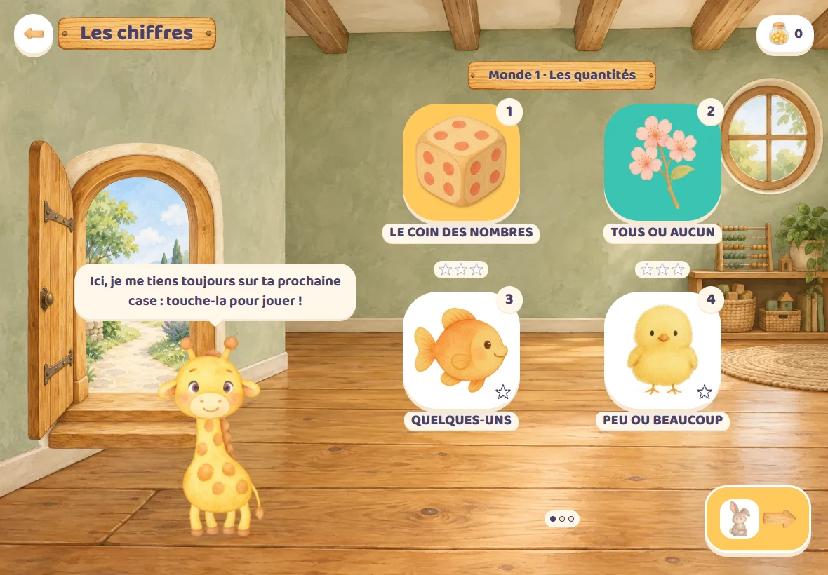 Le plateau des chiffres de Girafoufou sans compte : le coin des nombres et les premières cases du monde « Les quantités », réveillées, et Girafoufou qui invite à toucher la prochaine case