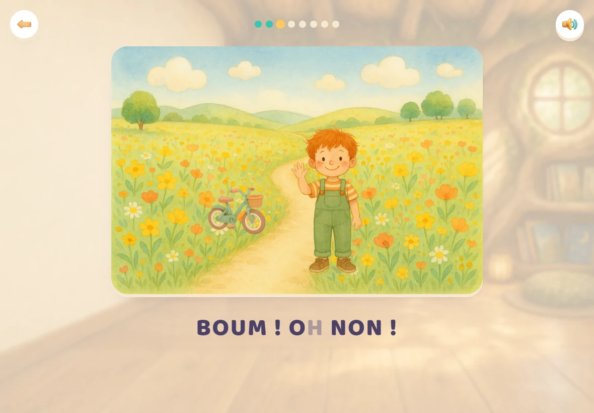 L’histoire « LE BOBO » dans le jeu : Malo debout près de son vélo dans le pré, et la phrase « Boum ! Oh non ! » écrite en grand