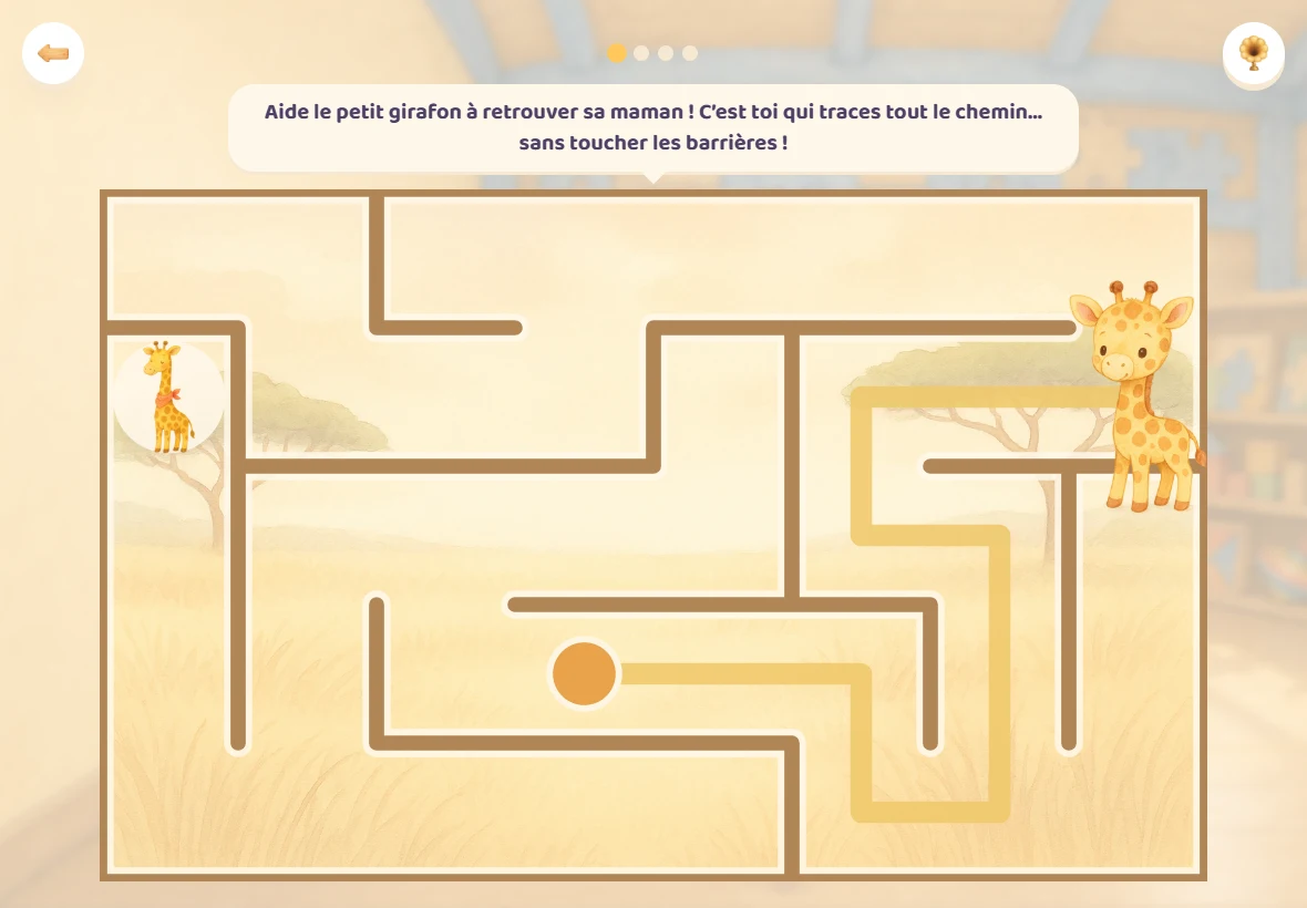 Un labyrinthe à main levée dans Girafoufou : le trait jaune du petit girafon avance entre les barrières, vers sa maman