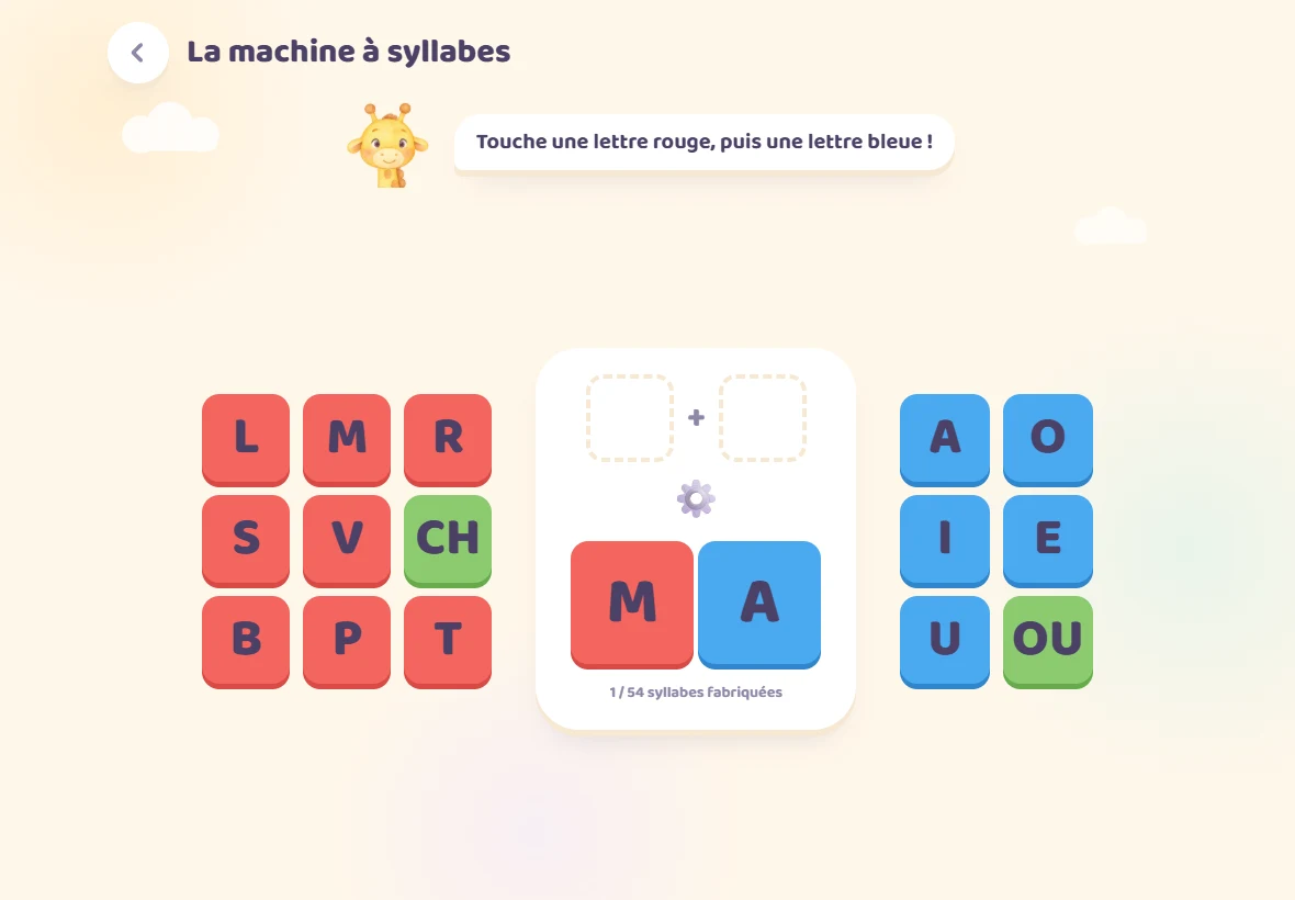 La machine à syllabes de Girafoufou : on touche les lettres, on écoute leurs sons