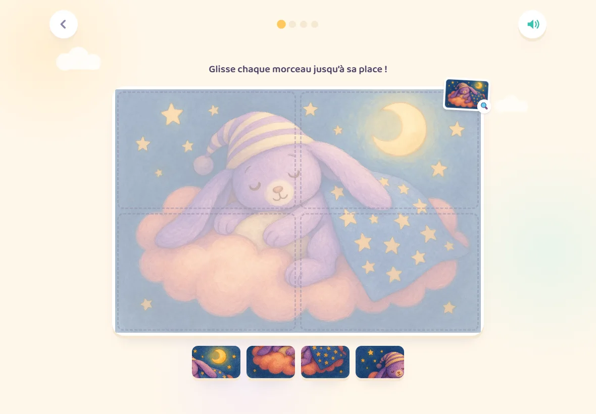 Capture d’un puzzle de Girafoufou : quatre morceaux à replacer sur un modèle illustré