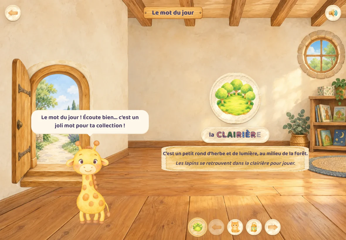 La maison du mot du jour dans Girafoufou : l’image de la clairière, le mot « la clairière » écrit dessous, ce qu’il veut dire et sa phrase, et Girafoufou qui dit « Le mot du jour ! Écoute bien… »