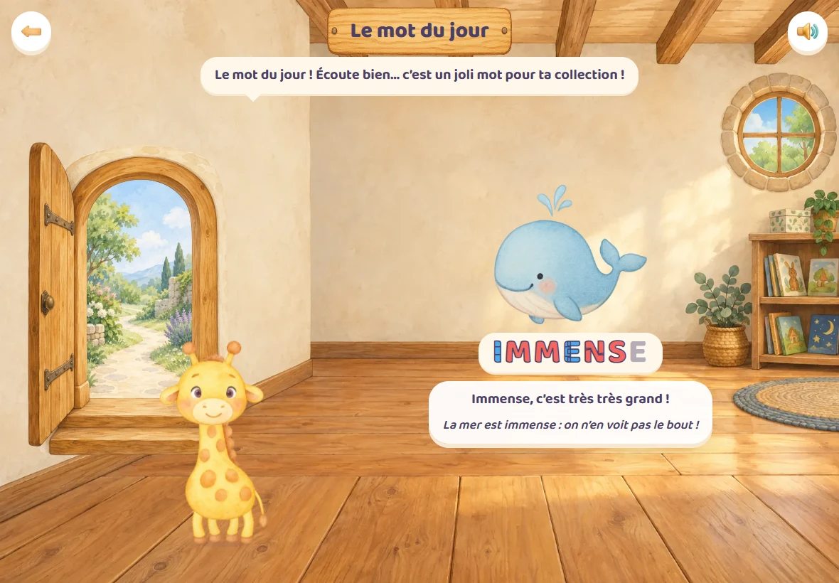 La maison du mot du jour dans le jeu : le mot IMMENSE écrit en grand sous la baleine, et Girafoufou qui dit ce que ça veut dire