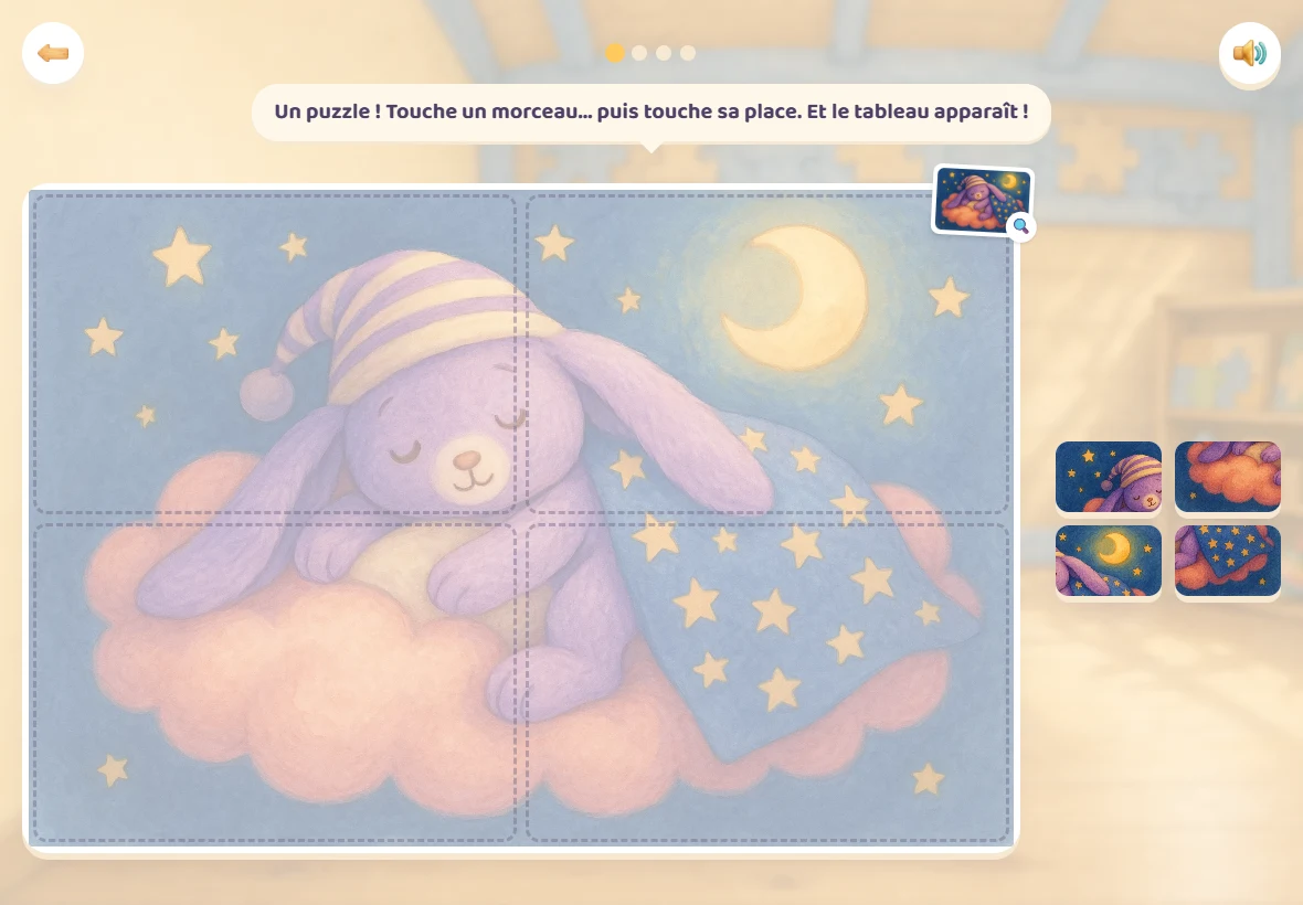 Un puzzle de quatre morceaux dans Girafoufou : Floppy, le petit lapin, endormi sur un nuage sous la lune, en filigrane sur le plateau, et les quatre morceaux dans la réserve