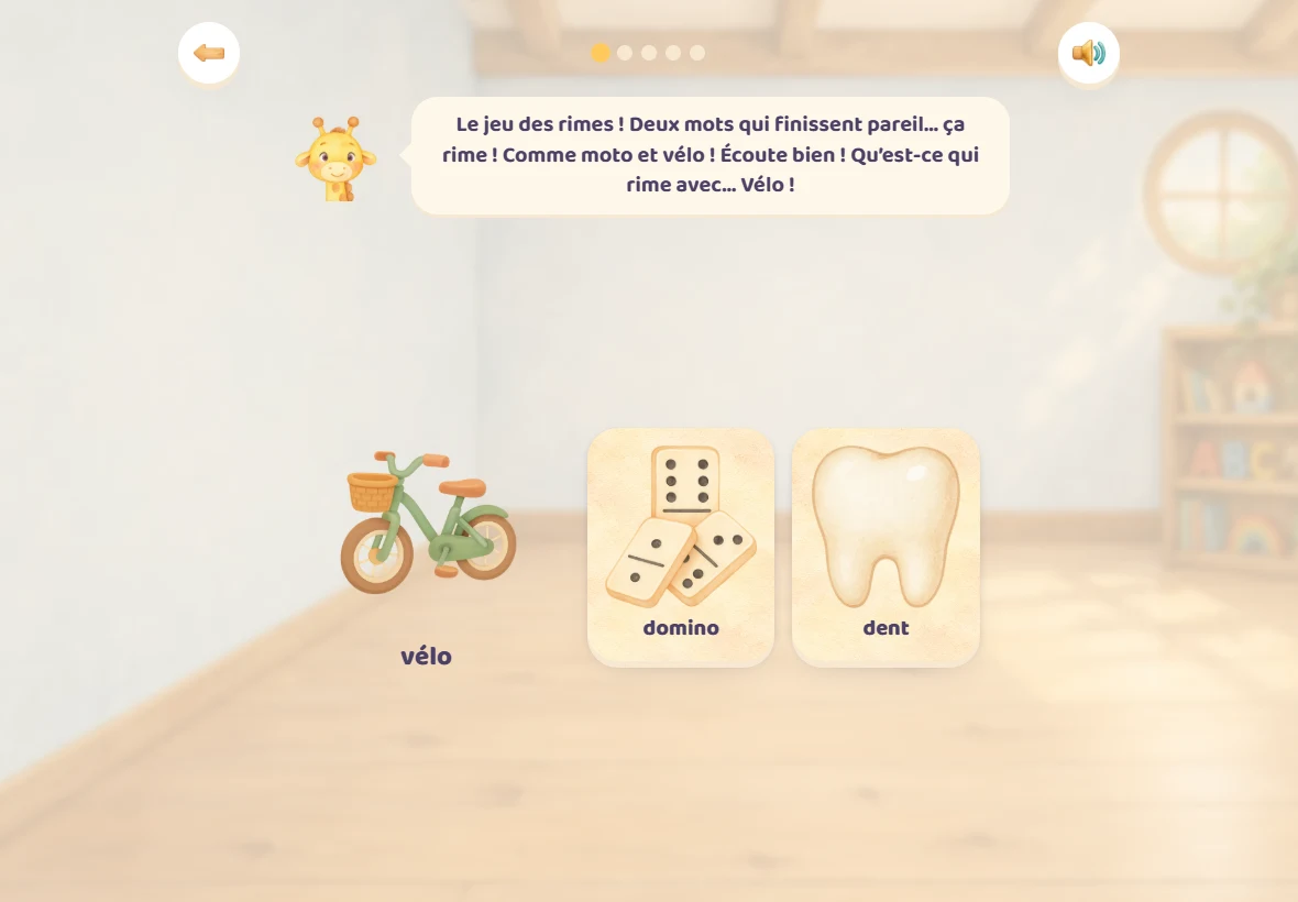 Le jeu des rimes dans Girafoufou : le vélo à gauche, et deux images à choisir, domino et dent