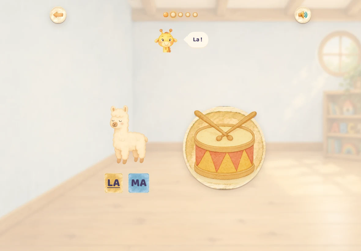 Le tambour des syllabes dans Girafoufou : le dessin d’un lama, les syllabes LA et MA écrites dessous, LA allumée après le premier coup, et le tambour à frapper à côté