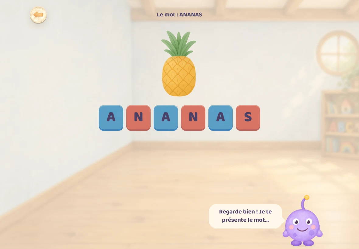 Le Glouton des mots présente ANANAS : six tuiles sous l’image de l’ananas, les trois A en bleu, les consonnes en rouge