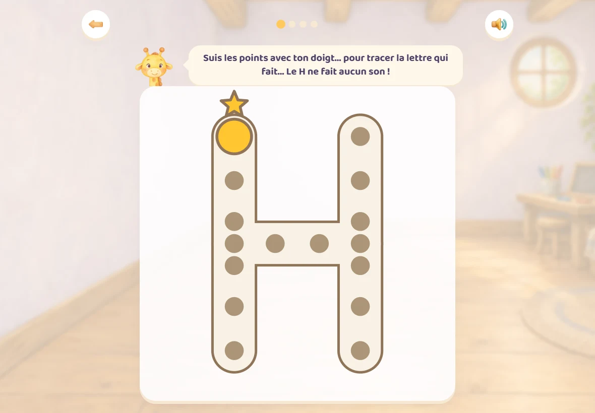 La lettre H à tracer dans Girafoufou : le chemin bordé de brun, ses points, le point jaune qui attend le doigt et l’étoile au départ du trait