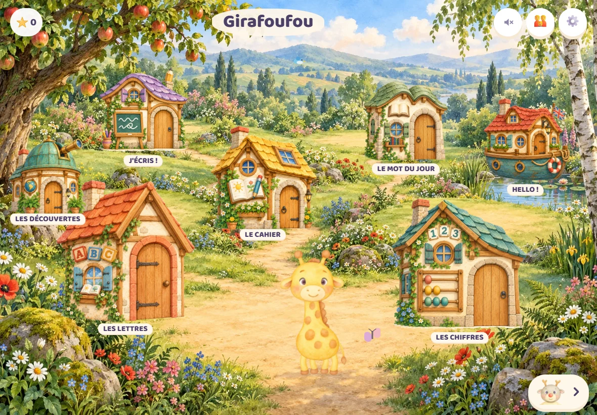 Le village de Girafoufou : chaque maison ouvre une activité, nommée sur son étiquette